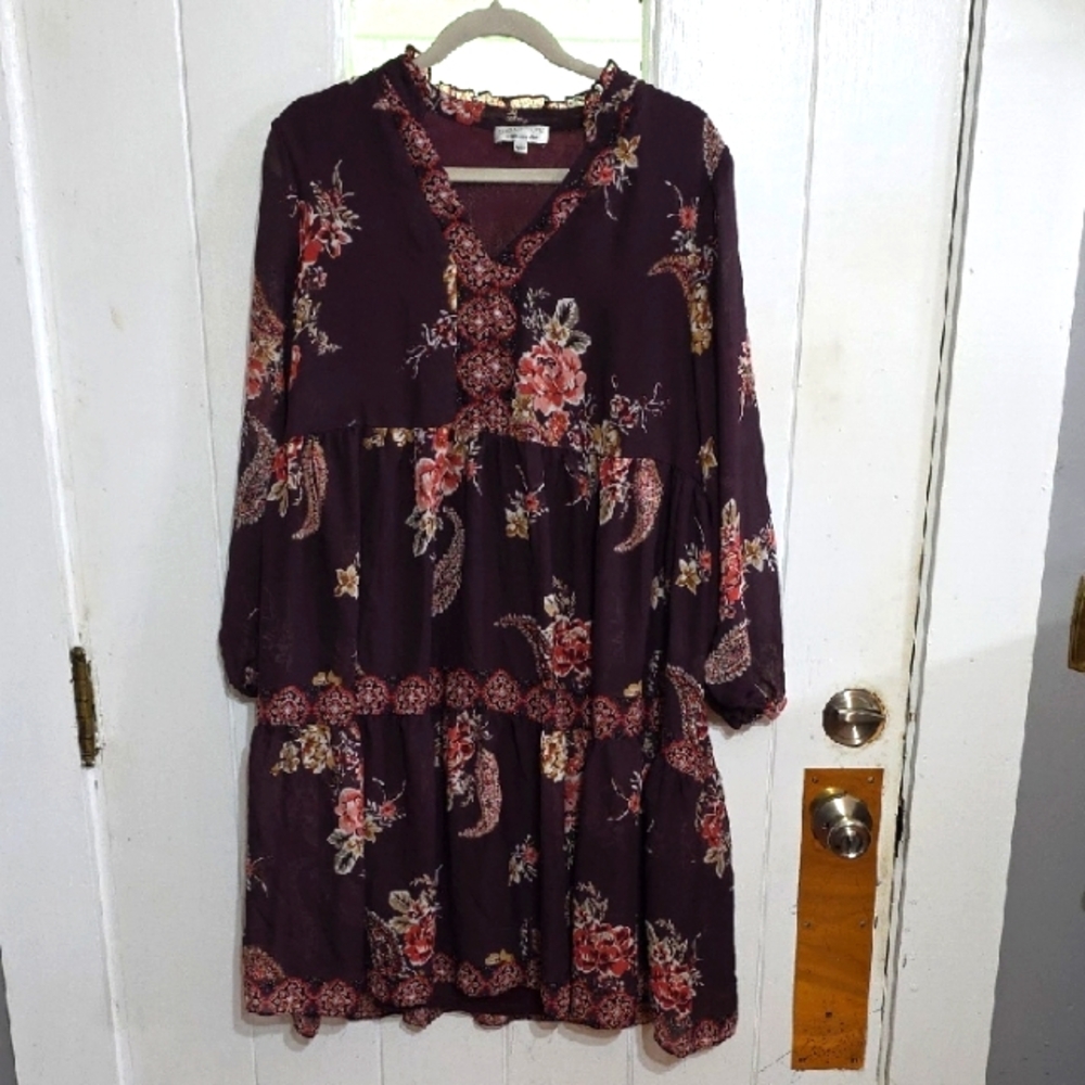 Signature By Robbie Bee Women's BoHo Dress Brown Fall Floral Lined Sz‎ L EUC